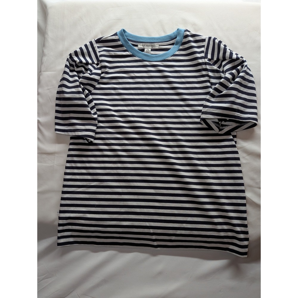 Free Assembly Womens XS Striped Ringer Tee Navy Blue White Light Blue Neck Trim
